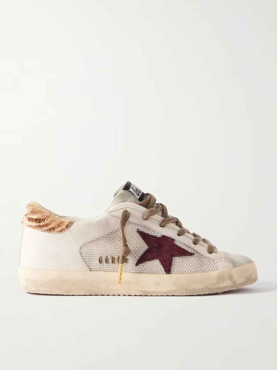 Super-Star calf hair and suede-trimmed mesh and distressed leather sneakers