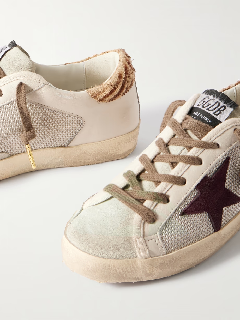 Super-Star calf hair and suede-trimmed mesh and distressed leather sneakers