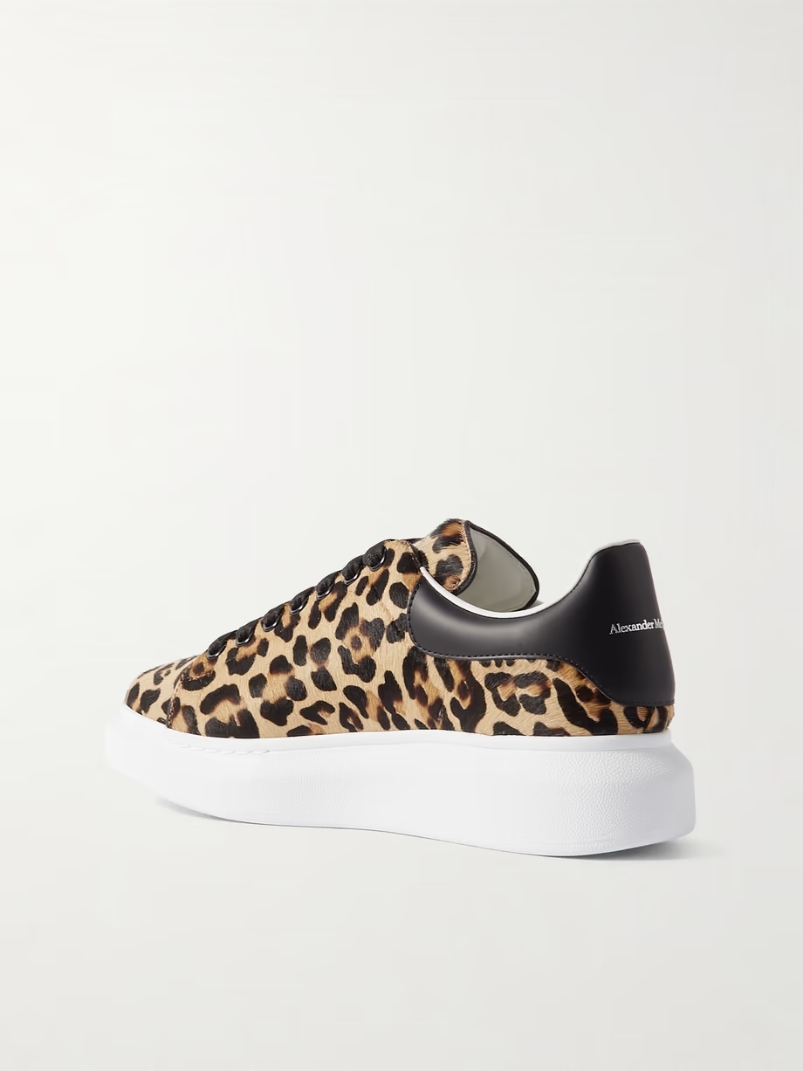 Leather-trimmed leopard-print calf hair sneakers