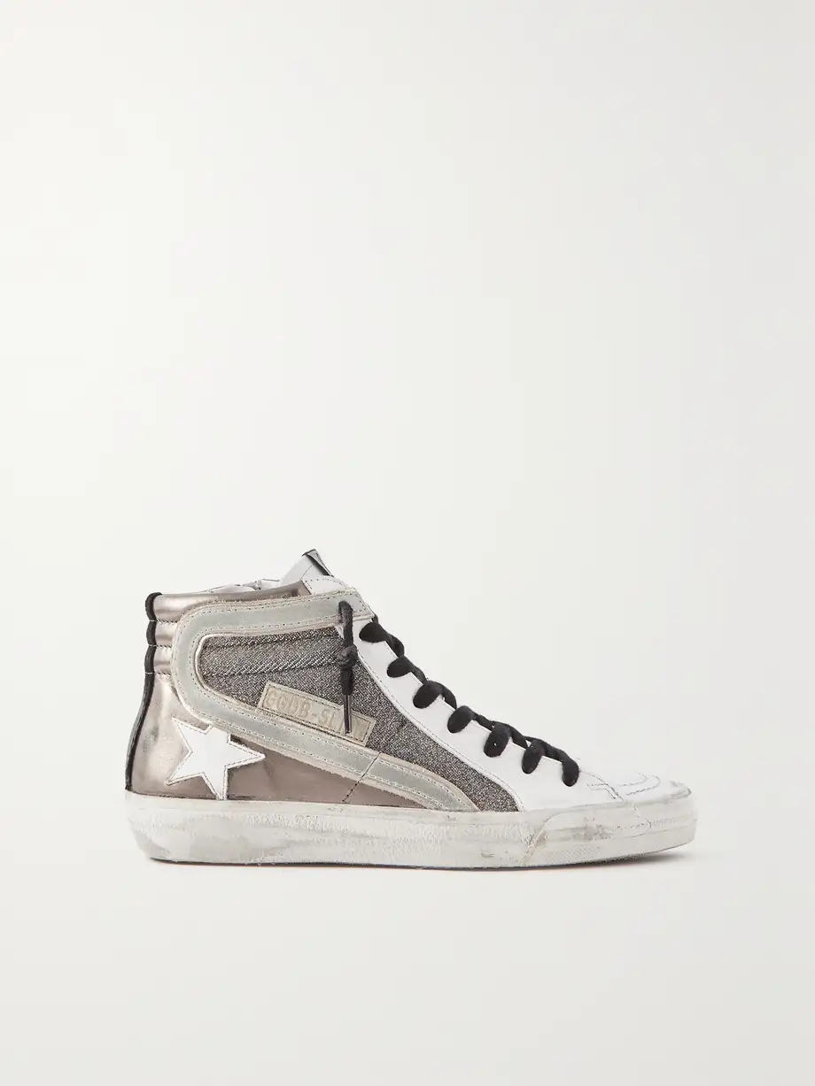 Slide distressed suede-trimmed leather and Lurex high-top sneakers