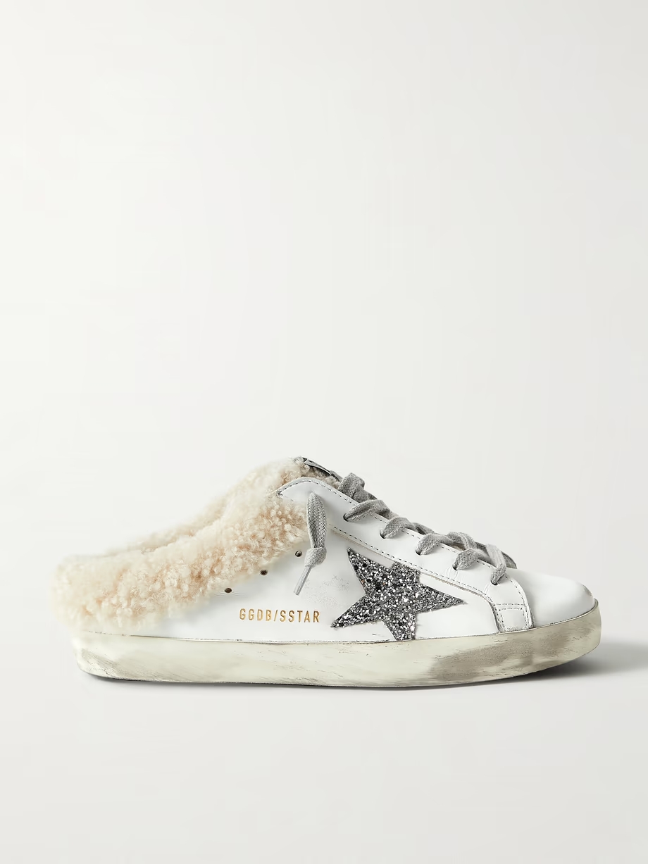 Superstar Sabot shearling-lined distressed glittered leather slip-on sneakers