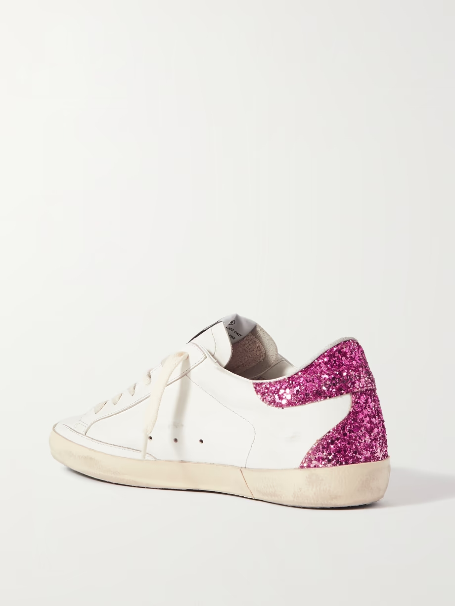 Superstar distressed glittered leather sneakers