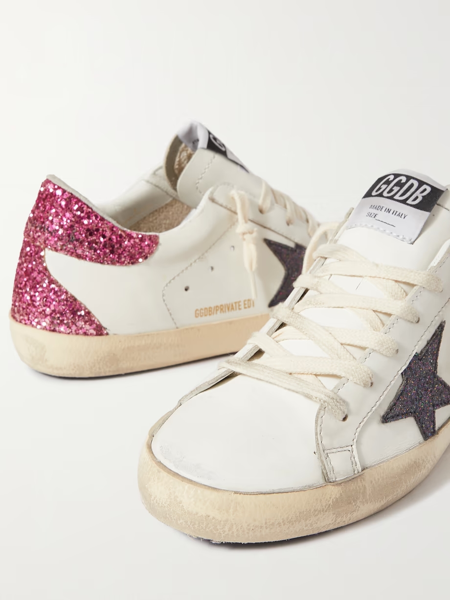 Superstar distressed glittered leather sneakers