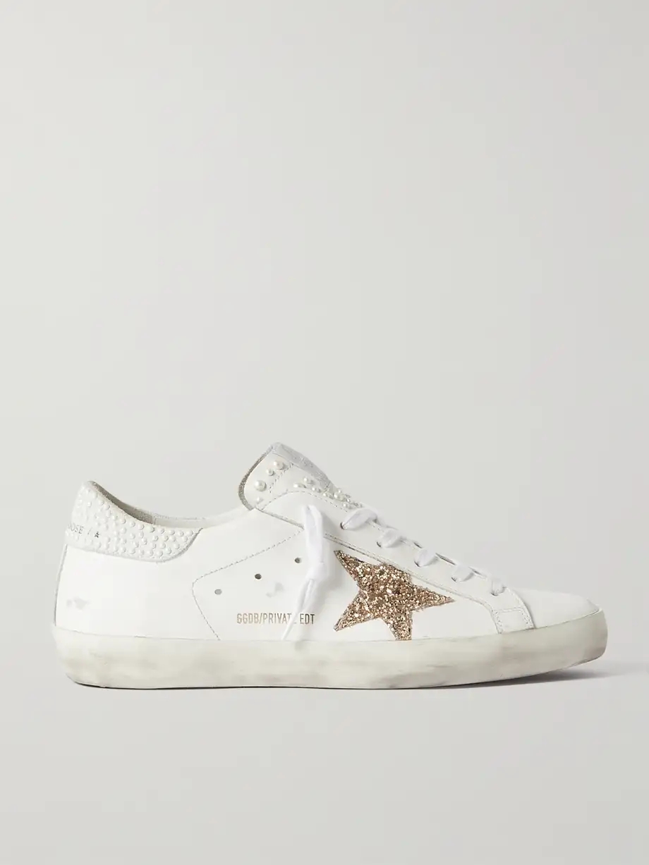 Super-Star embellished distressed glittered leather sneakers Super-Star embellished distressed glittered leather sneakers