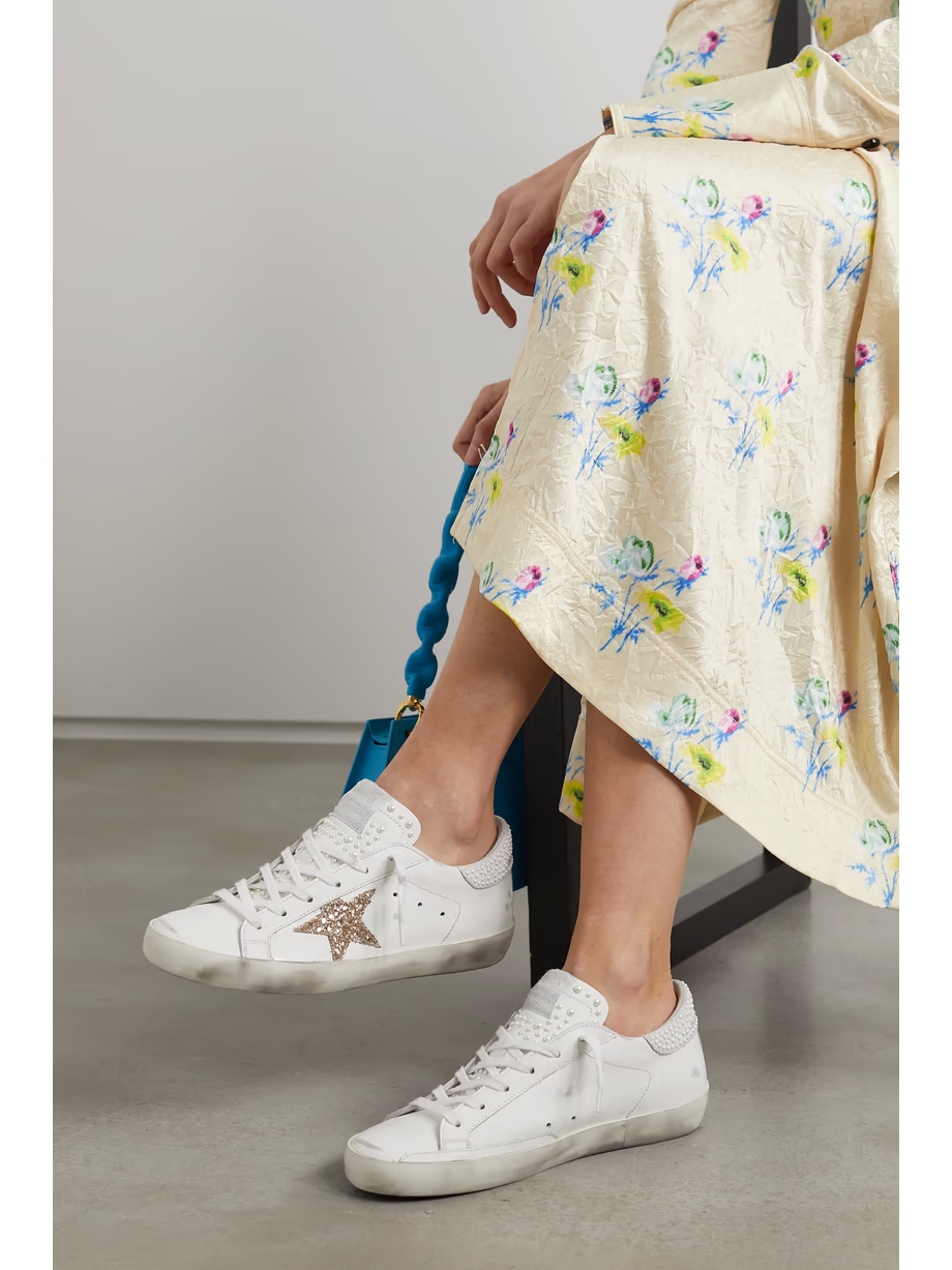 Super-Star embellished distressed glittered leather sneakers Super-Star embellished distressed glittered leather sneakers