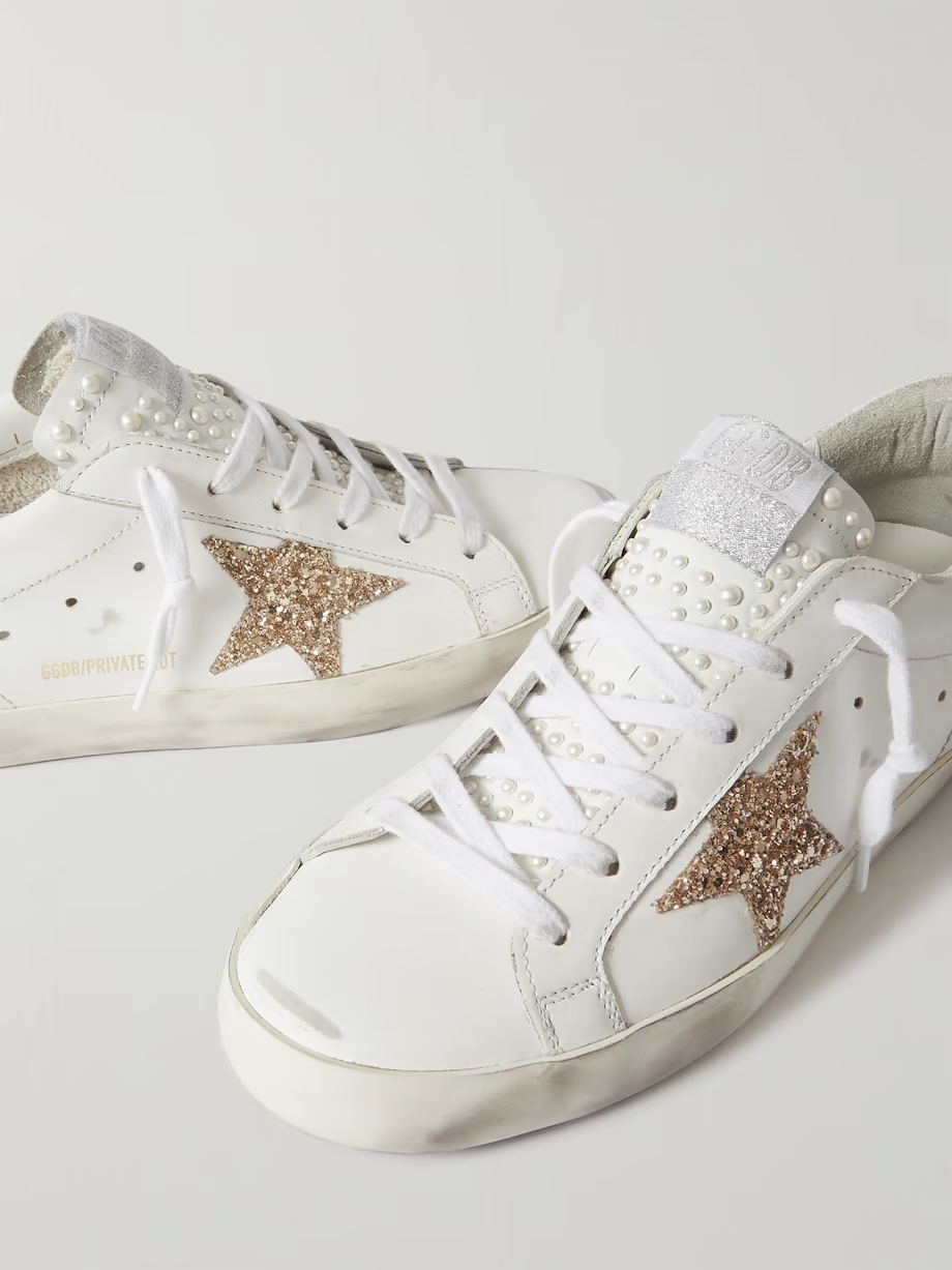 Super-Star embellished distressed glittered leather sneakers Super-Star embellished distressed glittered leather sneakers