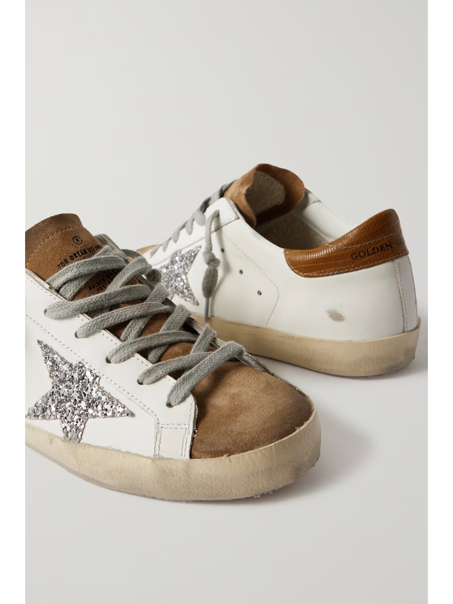 Superstar glittered distressed leather and suede sneakers