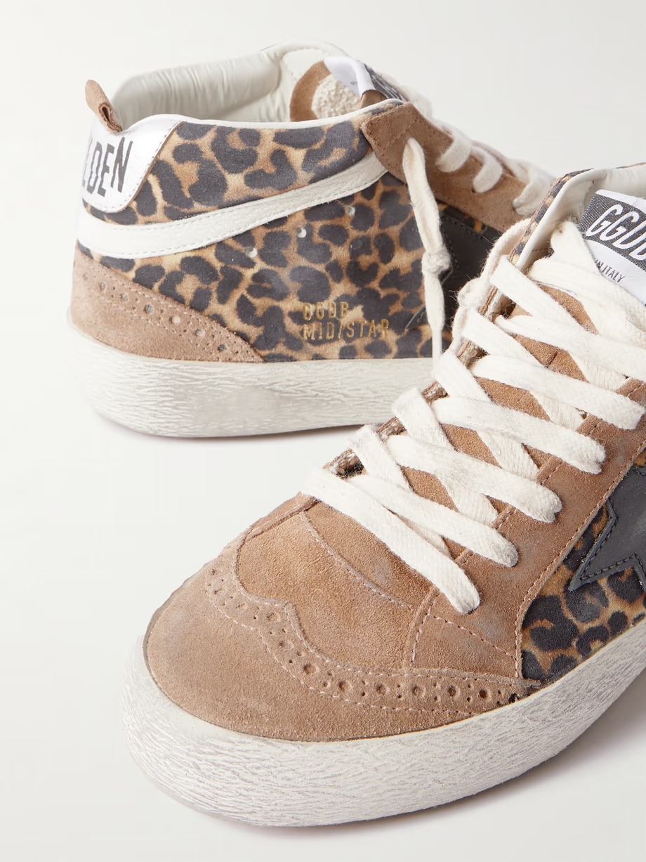 Mid Star distressed leather-trimmed leopard-print suede sneakers