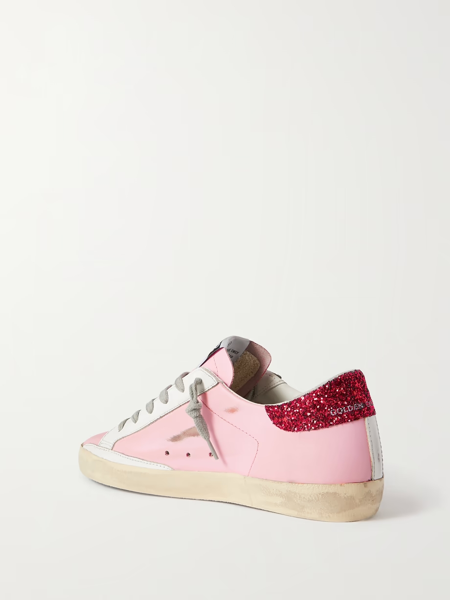 Superstar glittered distressed leather sneakers